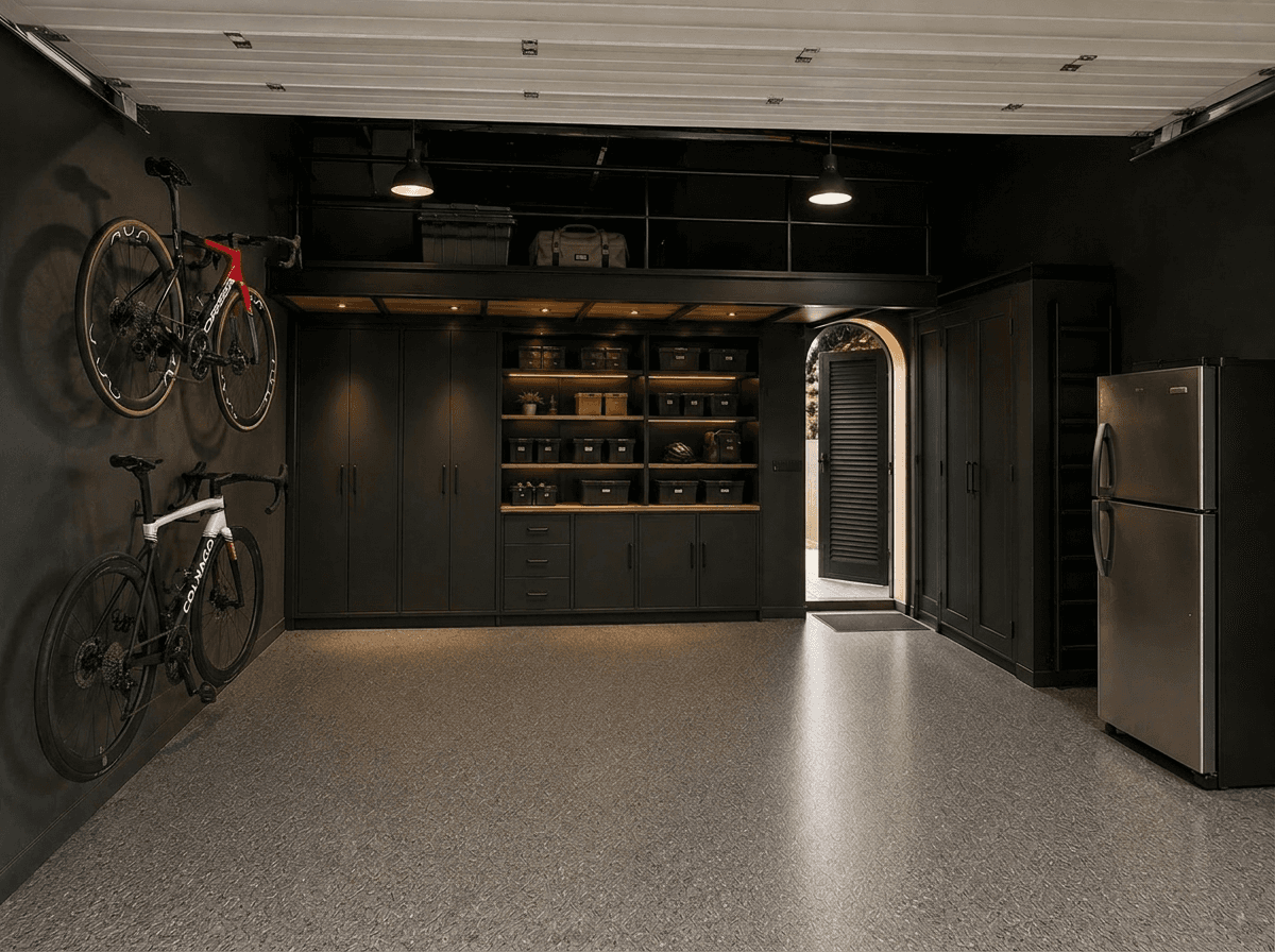 Villa G28 garage complete: wall-mounted bike racks, black cabinetry and shelving, mezzanine storage and a speckled epoxy floor