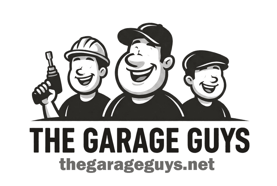 The Garage Guys — three friendly garage guys in front of a villa garage